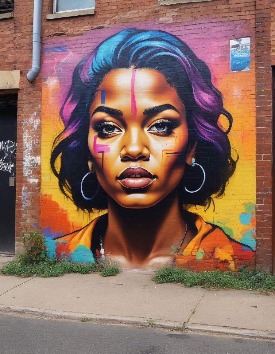 A bold street scene featuring graffiti art that symbolizes resistance, with diverse individuals proudly showcasing their unique styles and expressions of 'thug life'. Incorporate urban elements like alleyways, vibrant murals, and a sense of unity through diversity. Include subtle hints of historical evolution like vintage photographs scattered on the ground. The atmosphere should be rebellious yet inspiring, capturing the essence of community strength and defiance. vivid colors. street art style. urban setting.