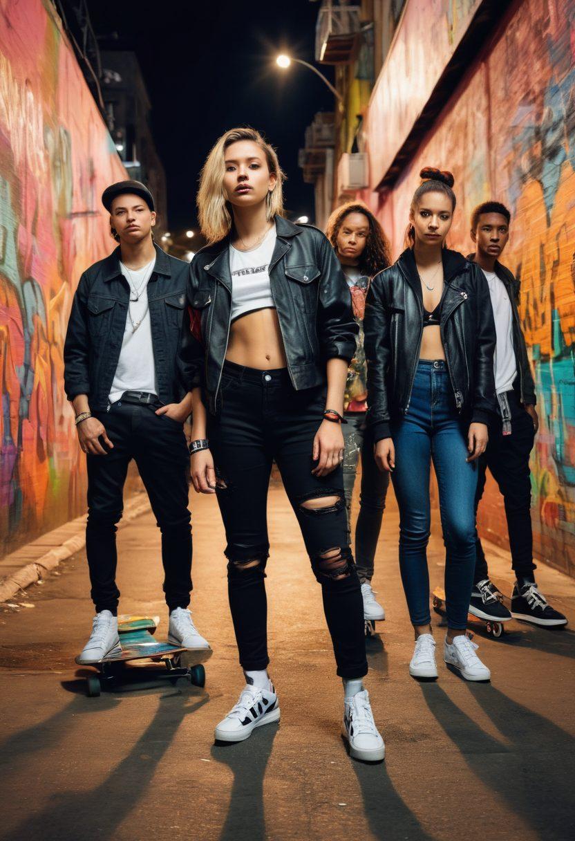 A dynamic urban scene showcasing a diverse group of modern-day rebels, dressed in edgy streetwear, expressing defiance and camaraderie in the face of challenges. Graffiti murals in the background symbolize rebellion and creativity, while vibrant city lights set a lively tone. The atmosphere is charged with energy, emphasizing unity and individuality among the rebels. Add urban elements like skateboards and bicycles to enhance the culture. super-realistic. vibrant colors. urban environment.