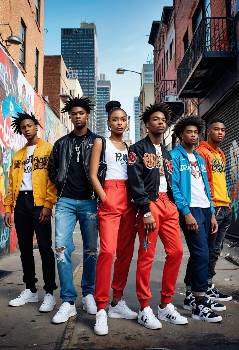 A dynamic urban scene showcasing modern rebels creatively expressing their individuality through street art, fashion, and music. Include diverse characters embodying the spirit of rebellion, graffiti-covered walls, and a vibrant city skyline in the background. Capture the energy and cultural transformation these figures bring to the city's landscape. super-realistic. vibrant colors. urban style.